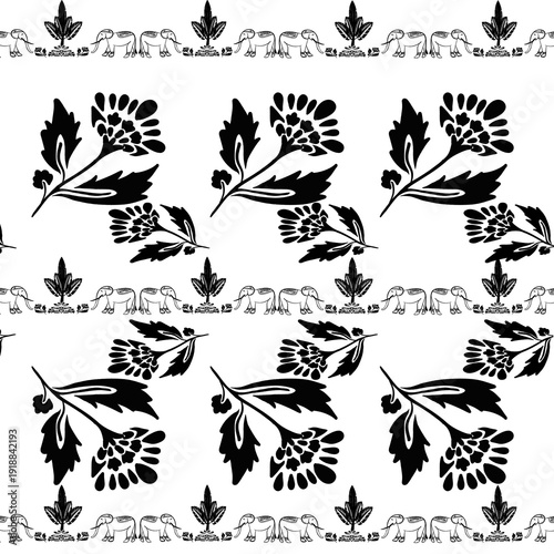 set of floral elements And elephant 