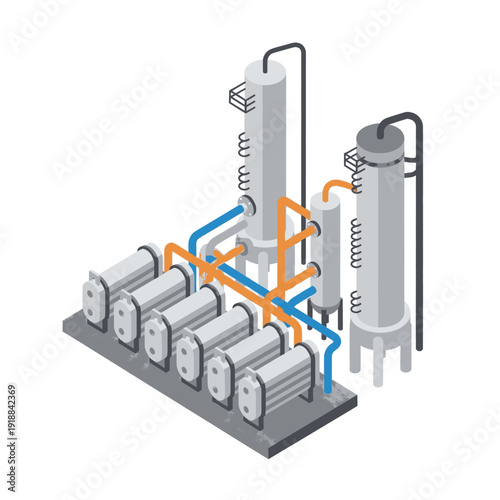 Industrial Machinery with Pipes and Cylinders.
