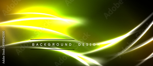 Abstract yellow, green light flows. Dynamic curves create modern background design. Brightness contrasts with dark edges.