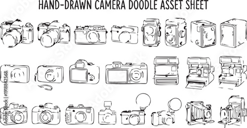Hand drawn camera doodle asset sheet featuring various vintage and modern photography devices