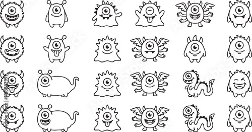 Cute cartoon monsters with one eye, wings, and funny expressions