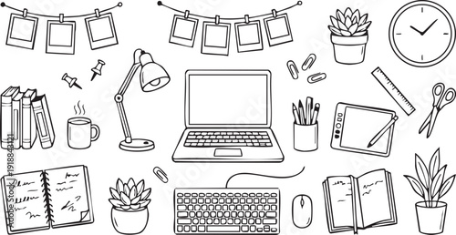 Study and work desk with laptop, books, lamp, and office supplies