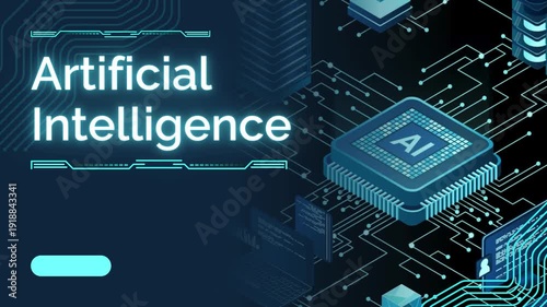 Isometric AI Processor Unit on Circuit Board with Digital Data Motion Background