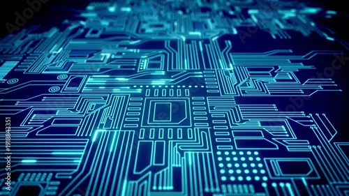 Abstract Digital Circuit Board Animation with Glowing Blue Data Signals.