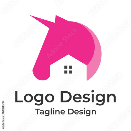 Creative Logo Design featuring a Unicorn Head with a House Symbolizing Innovation and Fantasy