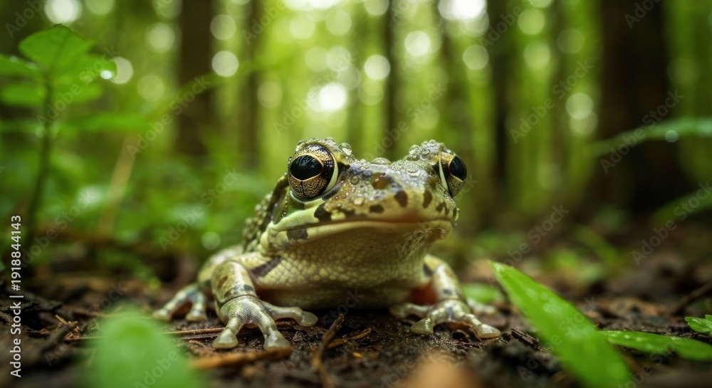 Fototapeta premium Frog on forest floor, dappled light, green bokeh