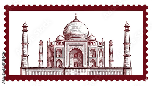 Detailed taj mahal postage stamp illustration showing indian architectural wonder with symmetrical minarets and dome
