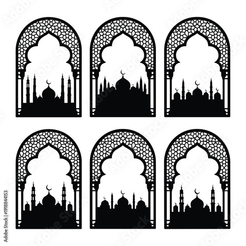 Intricate islamic architecture silhouettes framed by ornate arches isolated on white background, Vector