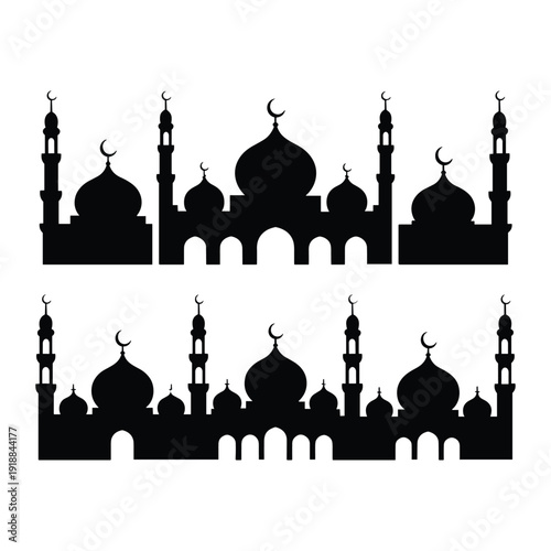 Intricate black and white silhouette of a mosque with minarets and domes. isolated on white background, Vector