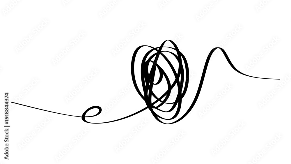 Obraz premium Abstract black line scribble representing chaos, confusion, or a complex tangled mess, isolated on white