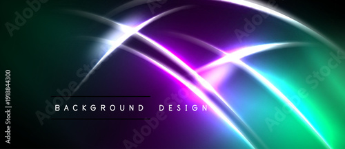 Abstract neon lights, vibrant gradients, dark background. Modern design elements create dynamic visual effect. Smooth curves intersect.