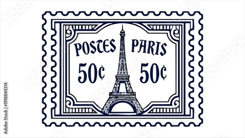 Vintage paris post stamp with eiffel tower illustration