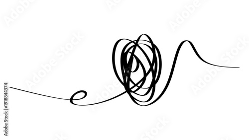 Abstract black line scribble representing chaos, confusion, or a complex tangled mess, isolated on white