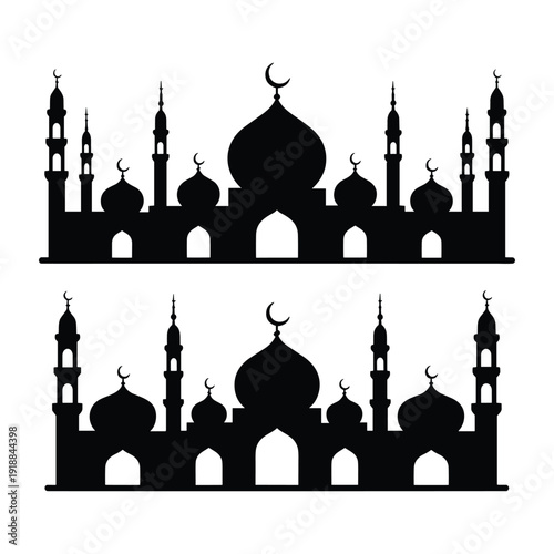Intricate silhouettes of mosques with crescent moons and minarets in a stylized design. isolated on white background, Vector