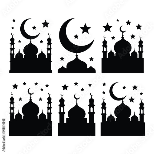 Silhouette of mosque with crescent moon and stars on a clear night sky isolated on white background, Vector