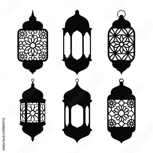 Six intricately designed black and white lanterns with geometric patterns. isolated on white background, Vector