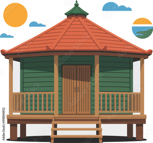 Octagonal Gazebo Building with Red Roof and Green Walls Wooden Doors and Porch Sunny Day