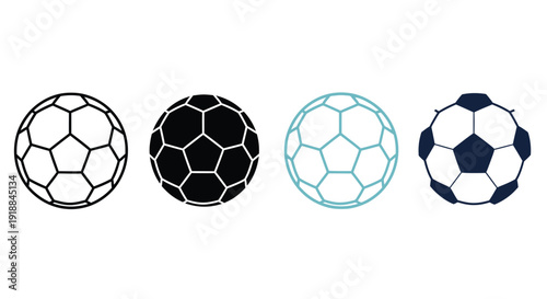 Collection of four different stylized soccer ball icons representing various graphic design options for football related projects and sports graphics