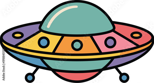 Retro UFO Flying Saucer with Colorful Panels and Dome Space Exploration Concept Sci-Fi Vector Art