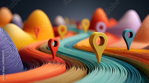 Abstract 3D Rendered Location Pin on Winding Colored Strip Landscape