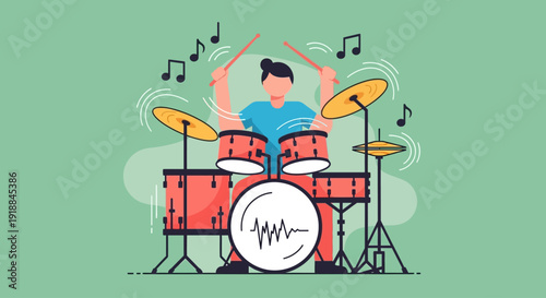Energetic Flat Design Vector Illustration of a Musician Playing a Professional Red Drum Kit: Featuring a Drummer with Musical Notes, Cymbals, and Sound Waves on a Minimalist Green Background