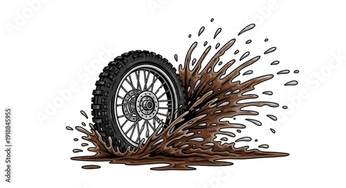 Motorcycle Tire Splashing Muddy Water.
