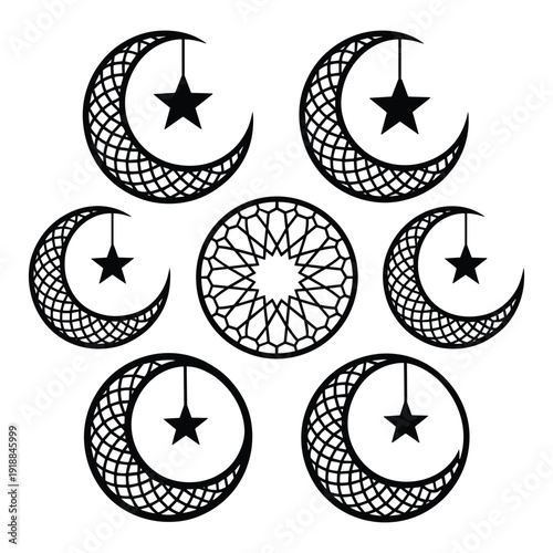 Intricate crescent moons with stars hanging from each one in a symmetrical pattern. isolated on white background, Vector