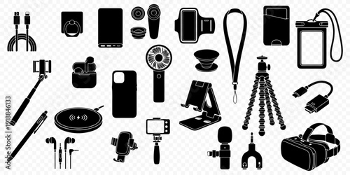 Set of black silhouettes of mobile phone accessories and smartphone gadgets including tripods, chargers, headphones isolated