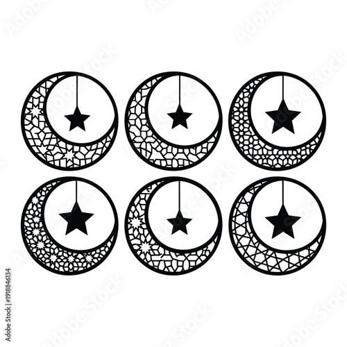 Six crescent moons with stars hanging from them in a row isolated on white background, Vector