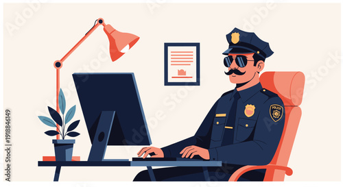 Police officer in blue uniform and sunglasses working on a computer at his office desk with a lamp and plant indoors.
