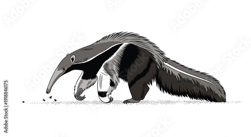 Giant anteater walking across a sandy ground looking for insects to eat on a white background in a detailed style.