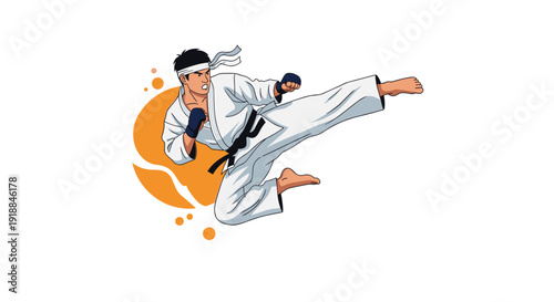 Martial arts fighter in a white gi performing a powerful flying side kick against a stylized orange sun background.