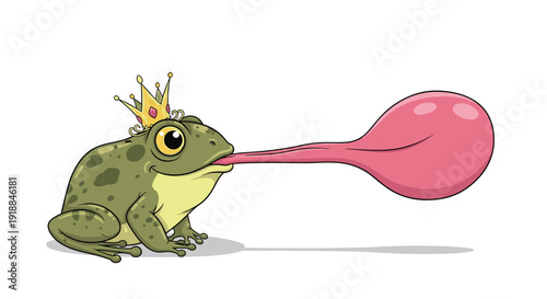 Whimsical green frog wearing a gold crown extending its long pink tongue to catch something with a bubble tip at the end.