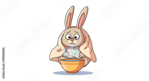 Cute sad rabbit wrapped in a warm blanket looking down at a bowl of hot steaming soup on a plain white background.