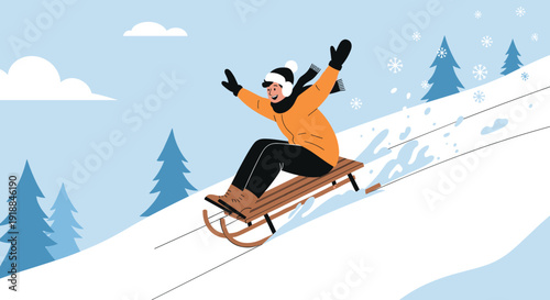 Happy person wearing winter clothes and a scarf sledding down a snowy mountain slope with pine trees in the background.