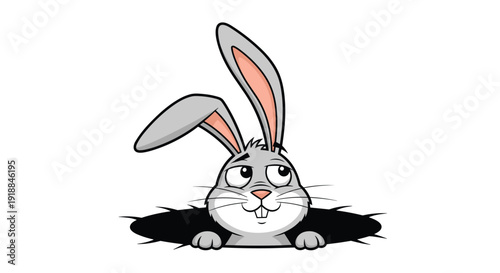 Cute gray bunny with long ears peeking curiously out of a dark hole in the ground on a clean white background.