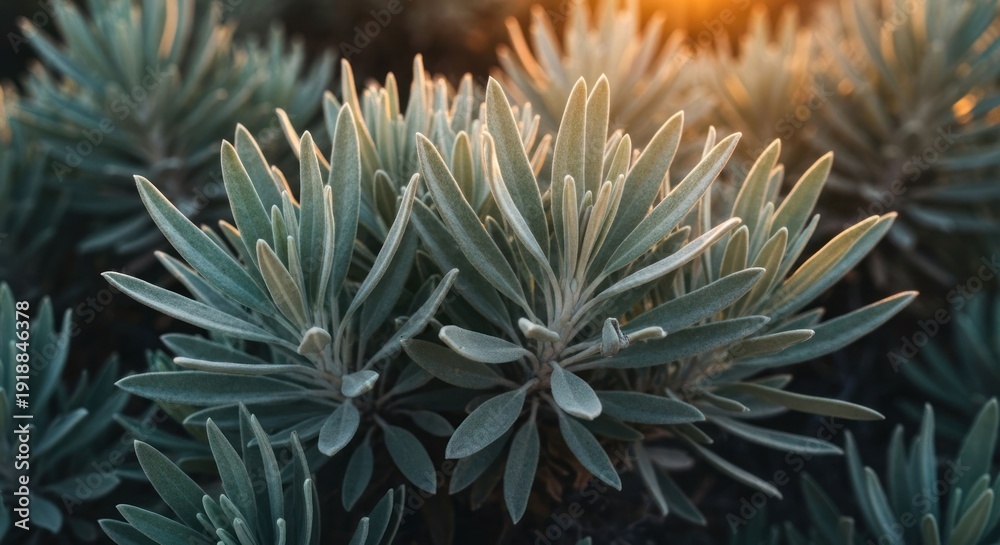 Fototapeta premium Silver-leaved plants catching warm, setting sunlight