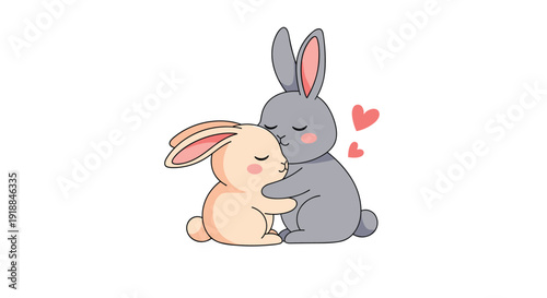 Two adorable bunnies, one gray and one cream, hugging affectionately with small pink hearts in the background.