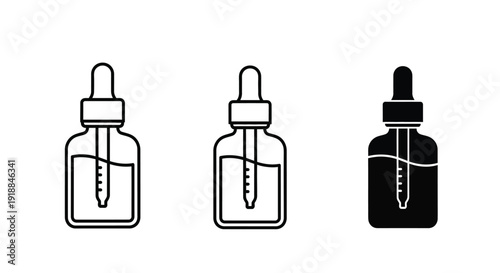 A collection of three minimalist dropper bottle icons representing liquid serum cosmetic containers in various outline and solid fill styles for design use.