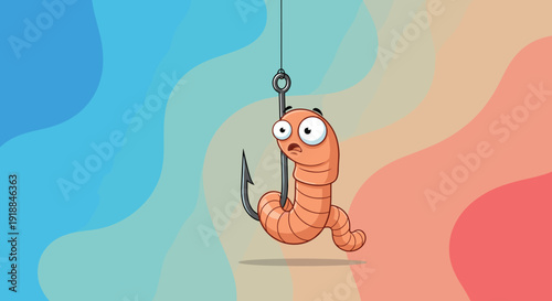 Frightened little worm with big eyes caught on a sharp metal fishing hook against a blue and orange background.