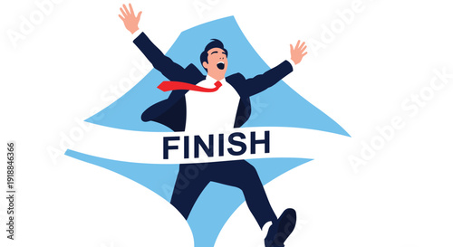 Successful businessman in a suit crossing the finish line ribbon with excitement and joy to achieve his big goal.