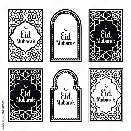 Eid greeting cards featuring intricate designs and arabic calligraphy isolated on white background, Vector