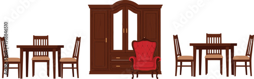 Wooden furniture collection with dining table chairs wardrobe and armchair vector illustration isolated design set