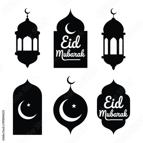 Eid mubarak designs featuring crescent moons and lanterns in black and white isolated on white background, Vector