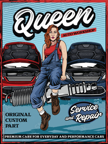 Retro detailed vintage poster featuring a cool female mechanic sitting on a car engine for custom workshop advertisement