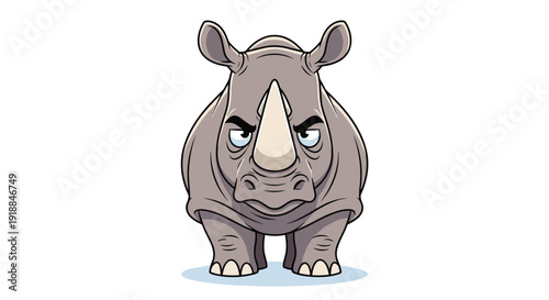 Grumpy rhinoceros character with a large horn and tough gray skin standing in a head-on view against a clean white background for mascot logo.