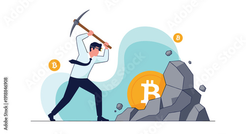 Businessman in a suit and goggles using a pickaxe to mine gold Bitcoin coins from a rock for cryptocurrency and digital finance concept.