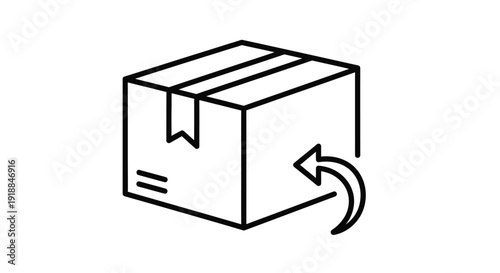 Simple black line art icon representing a package or parcel with a curved return arrow indicating shipping logistics or product exchange