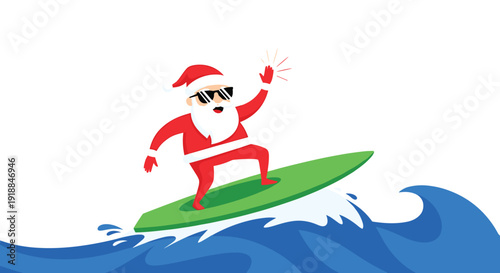 Cool Santa Claus wearing sunglasses and surfing on a green board on a blue ocean wave for funny tropical Christmas holiday concept.
