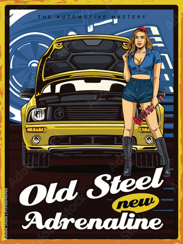 Vintage retro detailed poster of a pin-up girl leaning on a classic yellow muscle car for automotive enthusiast theme